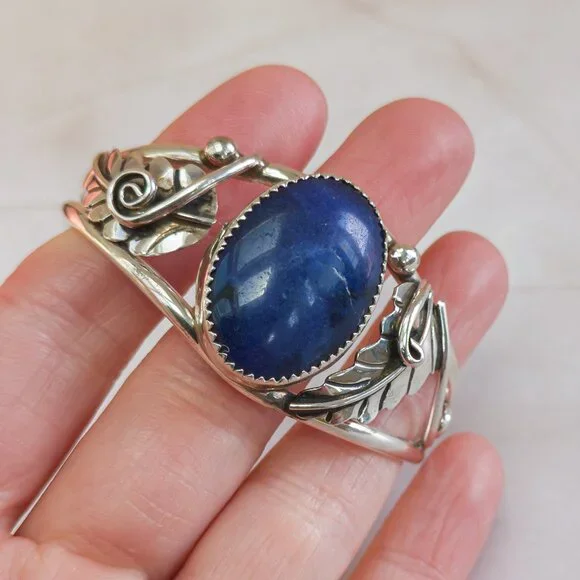 Vintage Navajo Sterling Silver Cuff Bracelet–Signed “T Sterling”–Lapis Lazuli - Picture 8 of 8